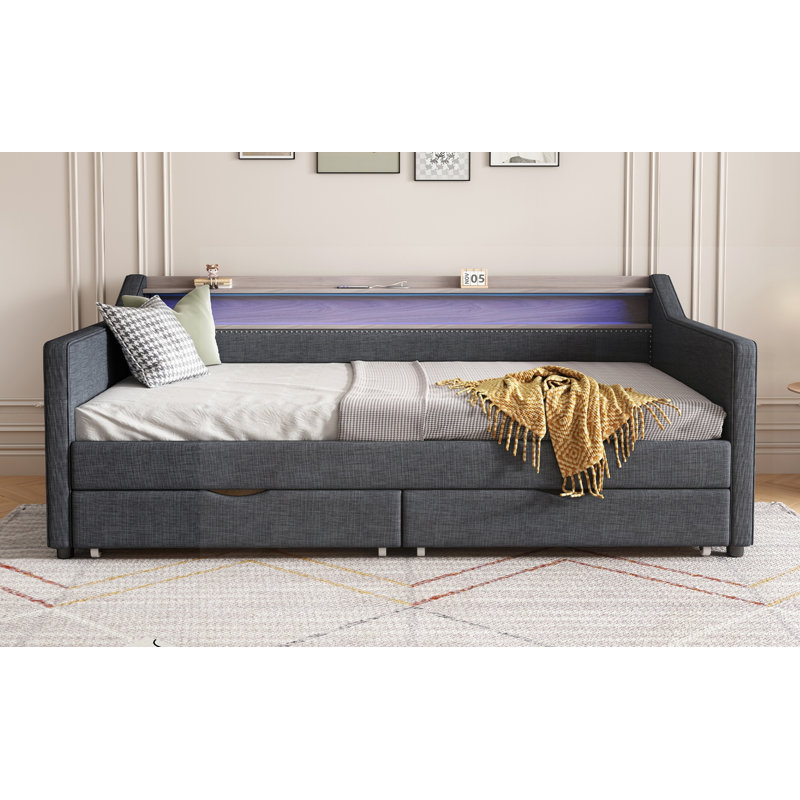 Modern Linen Upholstered Daybed with 2 Storage Drawers, 2-Tier Shelf, USB/Type-C Port, and Smart LED Light for Living Room, Apartment