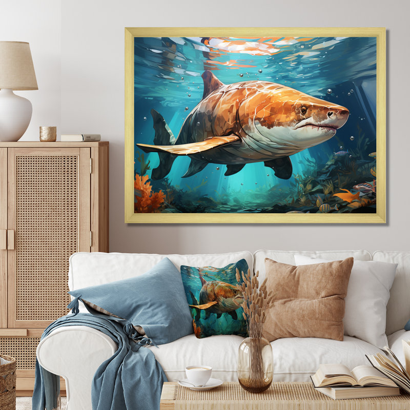 " Grey Teal Shark Underwater Symphony ", Gold Picture Framed, 16" H x 32" W