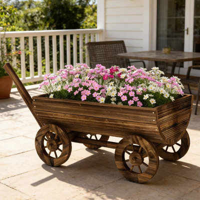 Petit pot de fleurs en bois de sapin pour porche et patio, conception rétro, grande surface de culture, jardinière mobile de drainage, bois de brouette, marguerites de grande surface de plantation, drainage, décoration saisonnière
