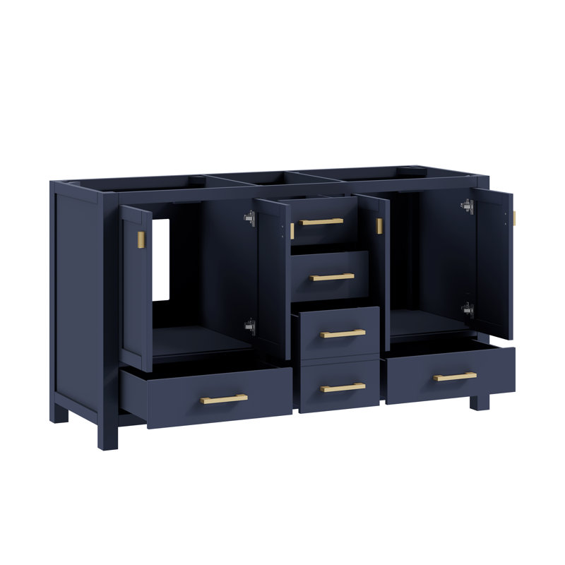 Souther 60" Double Bathroom Vanity with Top, Navy Blue, Cala White Marble