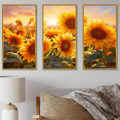 Burning Sunset Sunflowers Field I - Sunflowers Canvas Art Set