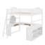 Lit mezzanine double en bois avec bureau, compartiments de rangement et miroir à trois volets-433993446