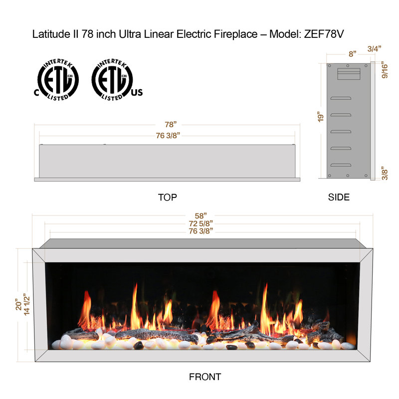 Foyer électrique mural Gloria II avec commande intelligente (argent), H 19 po x l 78 po x P 8 po