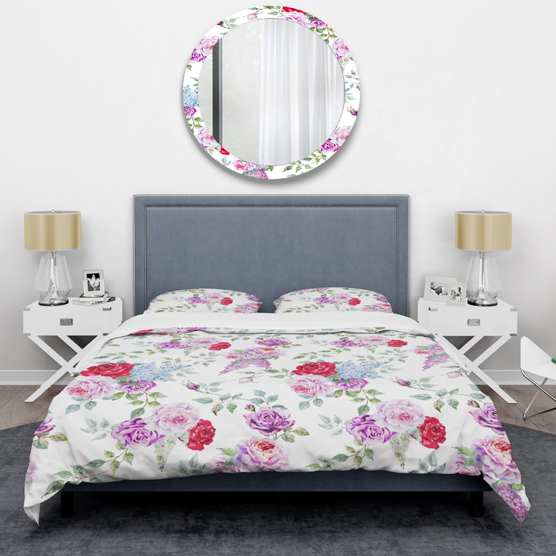 Fleurs mauves et roses - Ensemble de housse de couette floral - Polyester microfibre