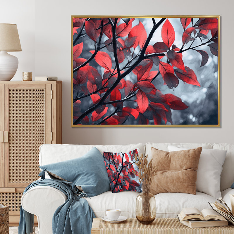 Feuilles rouges et grises sur un arbre I, H 16 po x l 32 po x P 1 po, Cadre flottant doré