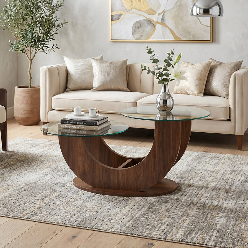 Table basse simple avec plateau en verre, Transparent / noyer