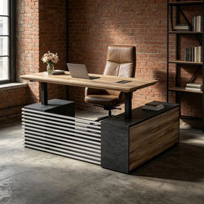 Bureau de direction en L 70,87 po, 78,7 po et L 86,6 po réglable en hauteur avec 7 compartiments de rangement, taille et couleur personnalisées, bureau à domicile avec ports de charge universels, station de travail pour mobilier de grande entreprise av