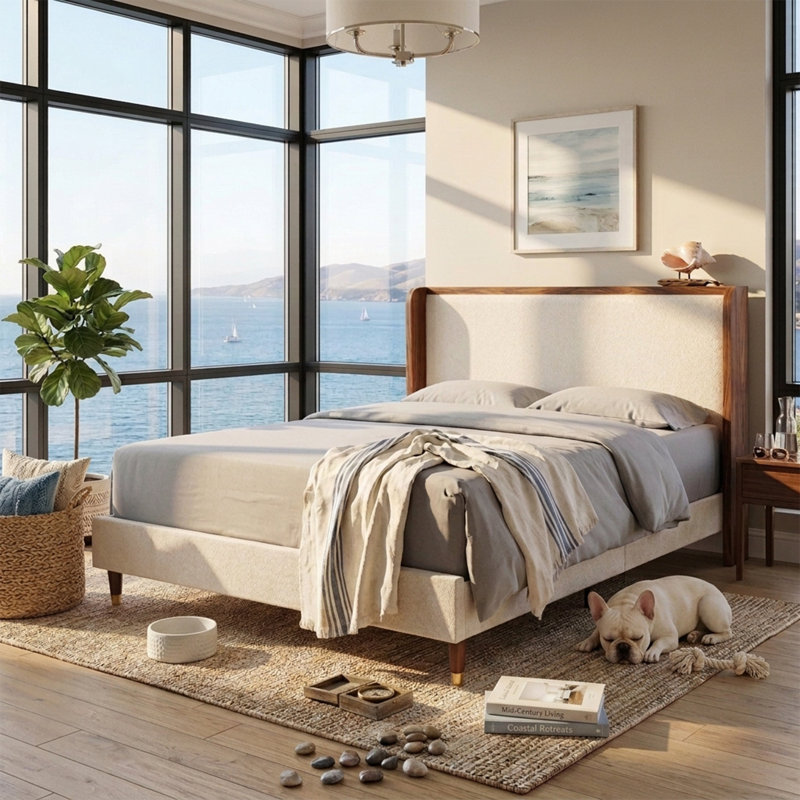 Lit plateforme capitonné de style moderne du milieu du siècle, avec garniture en bois et pieds dorés, taille double, lin beige