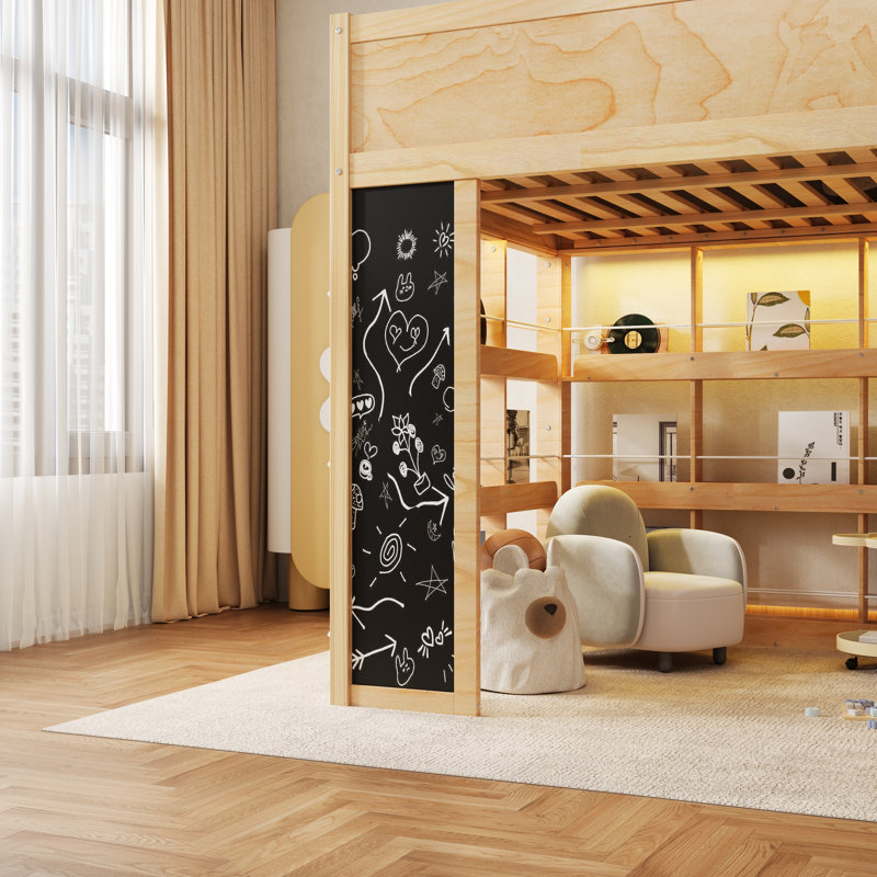 Lit mezzanine en bois Lumiscribe avec éclairage DEL et tablettes pour livres, Grand lit, Naturel