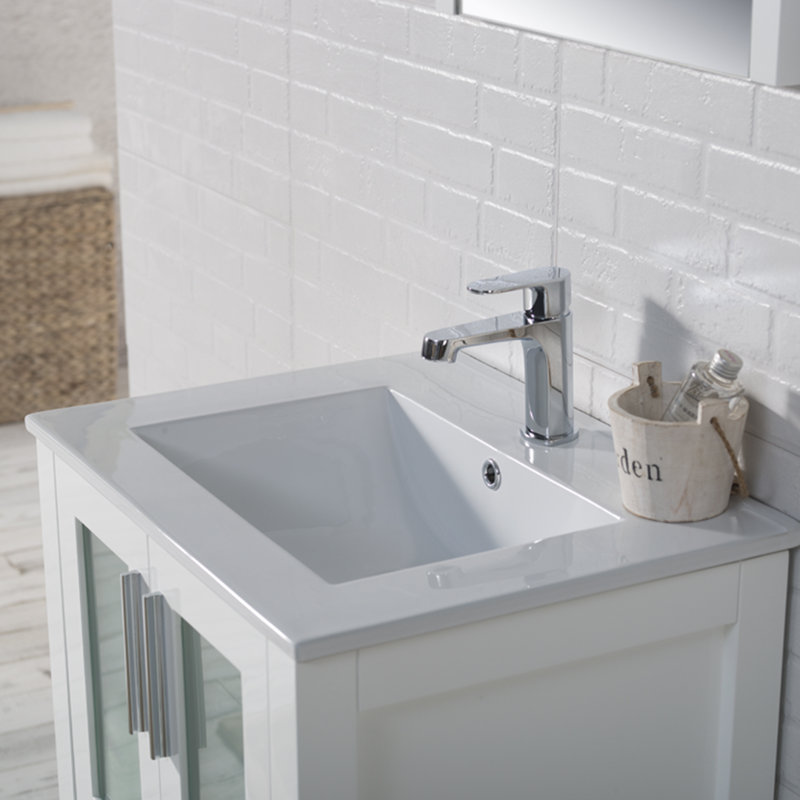 Mance 24.25'' Single Bathroom Vanity with Ceramic Top with Mirror, Glossy White
