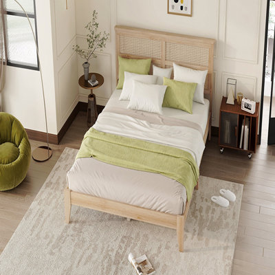 Queen Size Rubber Wooden Frame Materialen, Solid Wood Materialen Frame Materialen Bed Frame With Rattan With Headboard, Enhanced By Support Feet