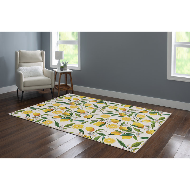 Madai Machine Washable Ivory and Yellow Area Rug, Rectangle 5' x 7'