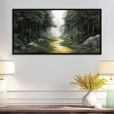 Green Yellow Mossy Path in Green Pine Forest – Moody Canvas Prints, Serene Framed Wall Art