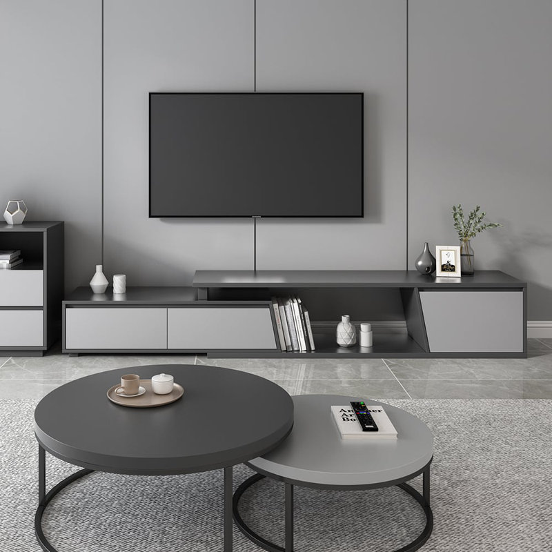 Meuble télé extensible 71 po à 110 po avec 3 tiroirs de style Mid-Century moderne et autoportant pour téléviseurs de 110 po ou moins