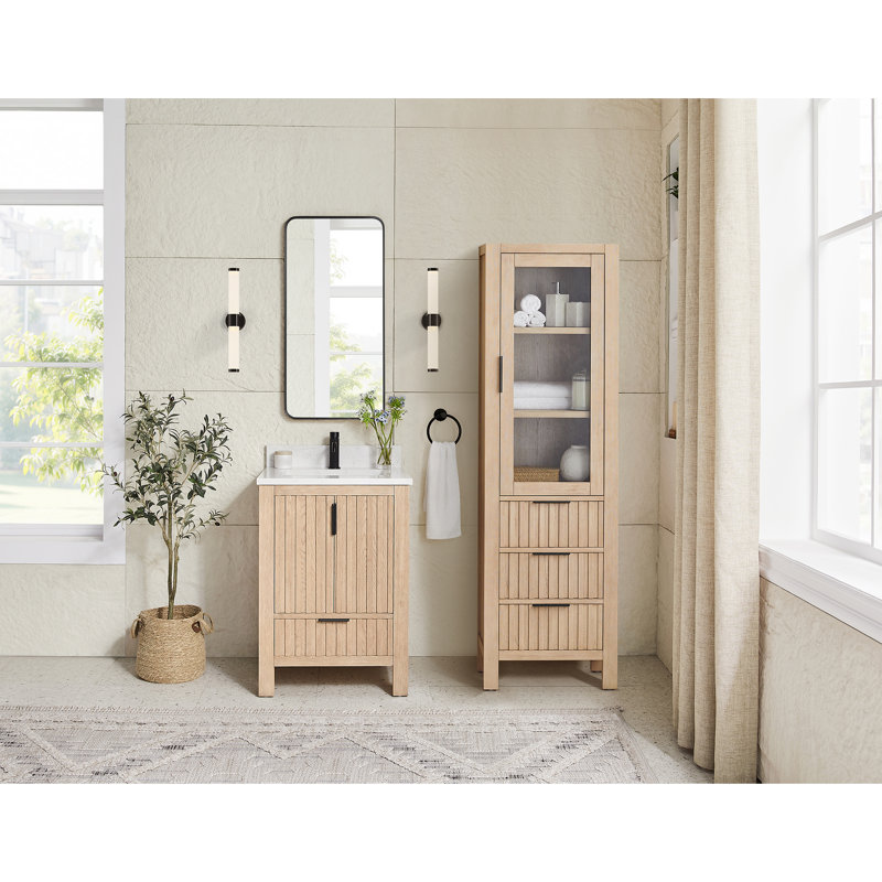 Shenzhen 24" Single Sink Bath Vanity in Aged Natural Oak with White Grain Composite Stone Top, Aged Natural Oak / Matte Black