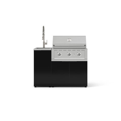 Ensemble d'armoires d'extérieur en aluminium noir 3 pièces avec évier, armoire de barbecue, barbecue au propane liquide 33 po et robinet en nickel brossé