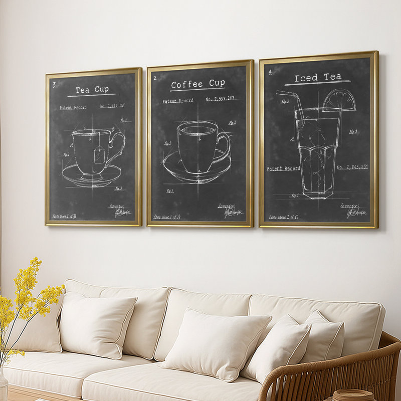 Morning routine I - Toile tendue avec châssis sur mesure - 3 pièces, H 30 po x l 63 po, Doré