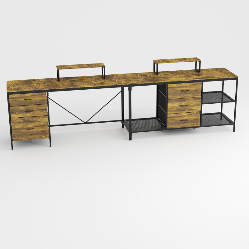 Bureau en L 114 po avec concentrateur électrique, bureau de jeu industriel - 6 tiroirs, support pour écran amovible, bureau rustique brun