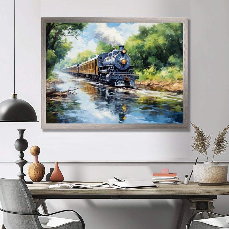 Steamtrain Travelling In The Sunset, peinture - train, art mural, H 34 po x l 44 po x P 1,5 po, Cadre argenté