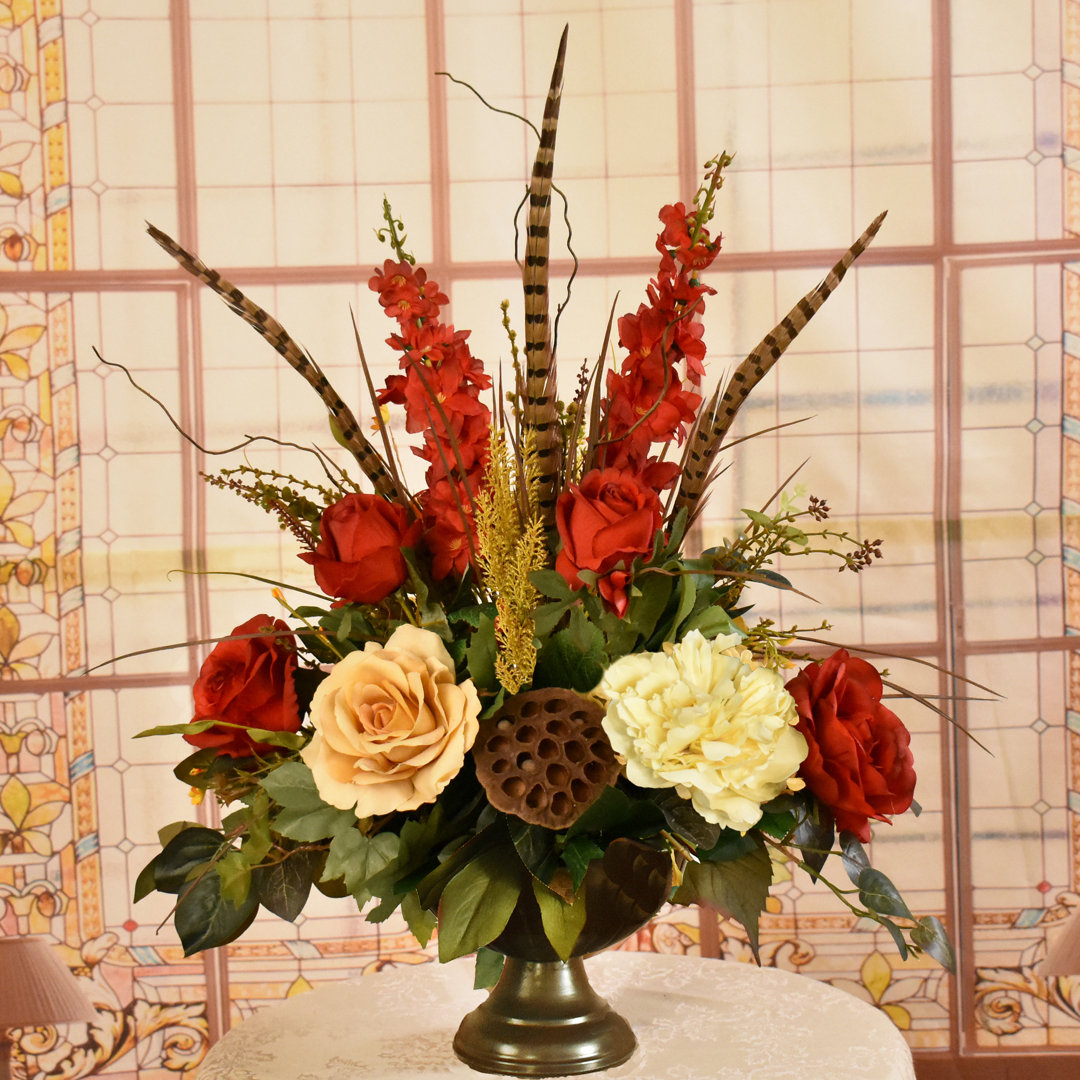 Faux Silk Mixed Assortment Arrangement in Pedestal Bowl Floral Home Decor