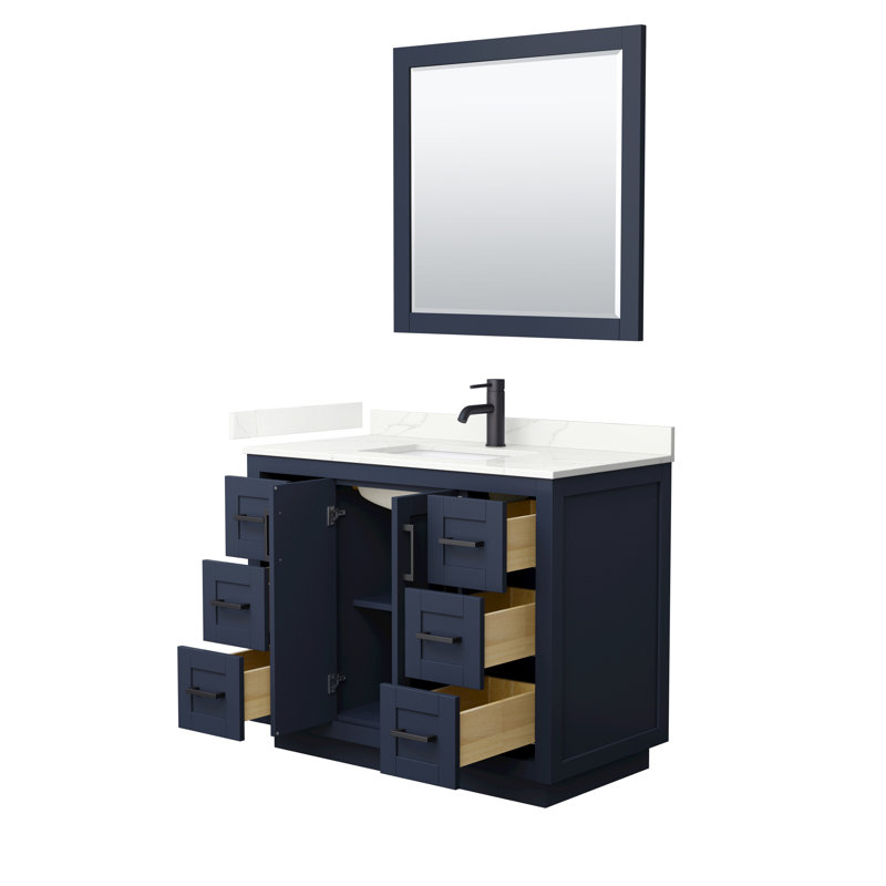 Ensemble de meuble-lavabo simple autoportant 42 po avec plateau en quartz Miranda, Bleu foncé, Giotto Quartz, Noir mat