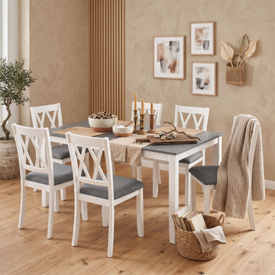 7-Piece Two-Tone Solid Wood Dining Set with Rectangular Table and 6 Upholstered Linen Chairs for Kitchen and Dining Room