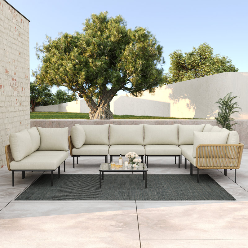  Ensemble modulaire de patio extérieur en osier tressé 9 pièces avec table et coussins