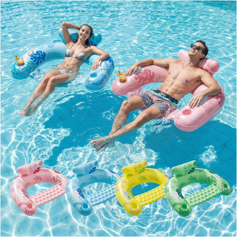 4pcs Inflatable Pool Float Chair With Cup Holder & Headrest, U-Shaped Water Lounge Raft For Swimming Pool Beach Party, Leaf Blue, Green, Pink And Yellow