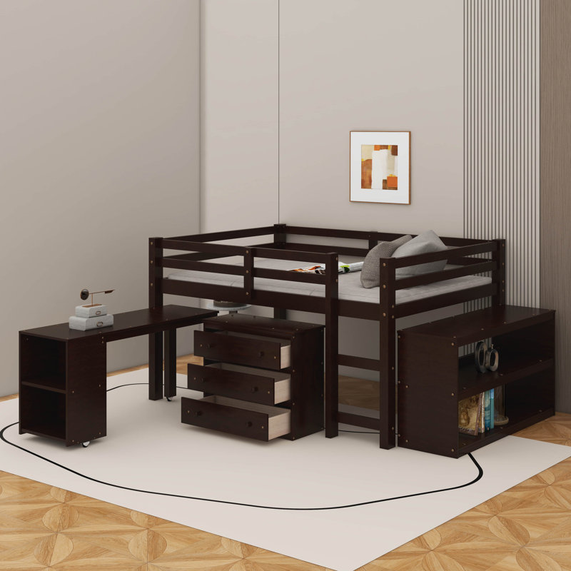 Lit mezzanine double avec armoire, tablettes et bureau, Espresso