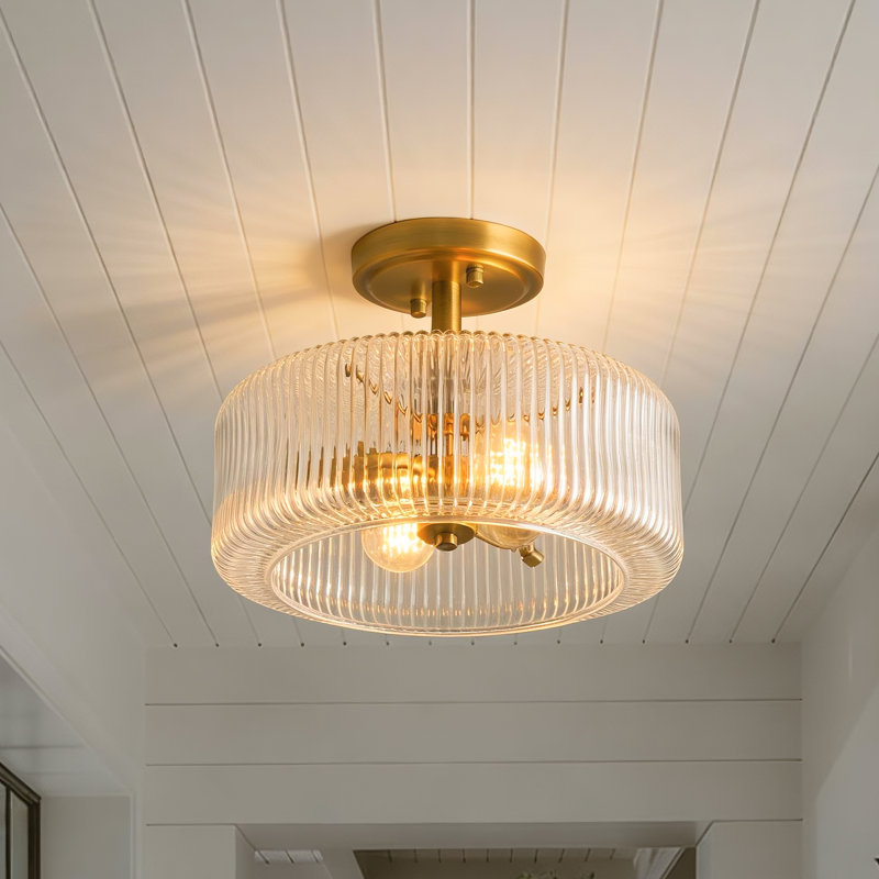 Traditional Striped Glass Flush Mount - 12in, 2-Light, Antique Brass, 10.03" H x 11.81" W x 11.81" D, 2 Lights