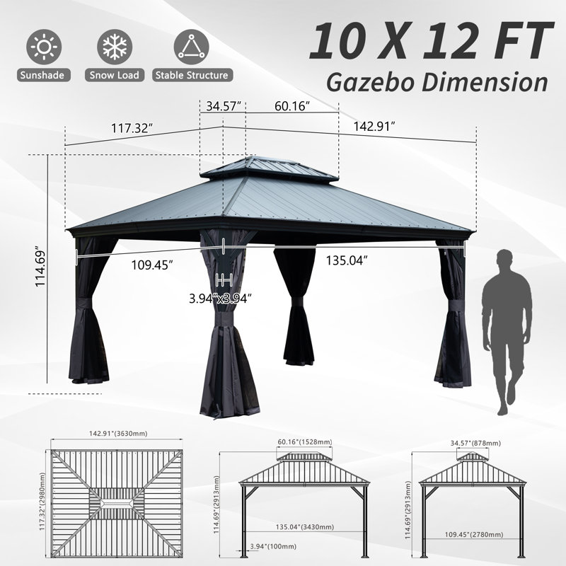 Outdoor Patio Metal Frame Gray Wood Grain Resin Roof Gazebo with Privacy Curtain Mosquito Netting, Gray