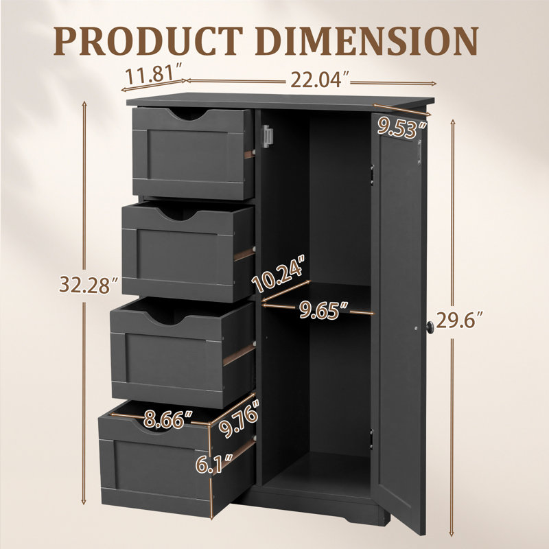 Armoire de rangement noire avec 4 tiroirs et 1 porte, Noir