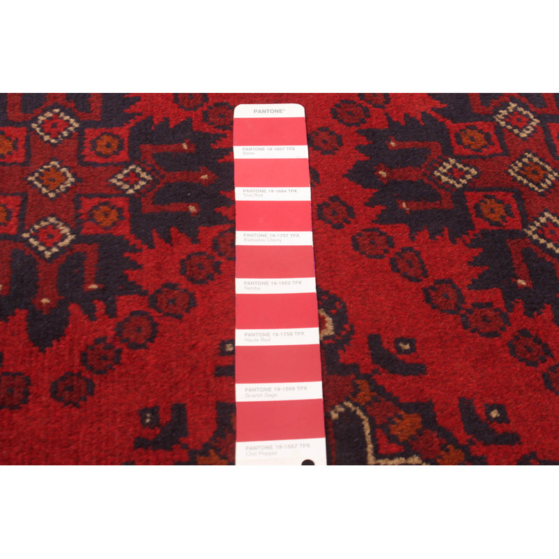 Tapis rouge en laine noué à la main de conception unique 4 pi x 6 pi 5 po Moninger