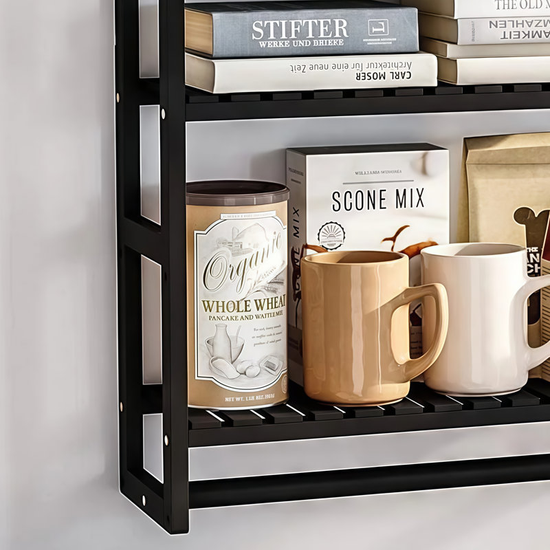 Black Adjustable Three‑Tier Bamboo Floating Shelf With Hanging Rod Above Toilet For Bathroom Storage And Towel Hanging