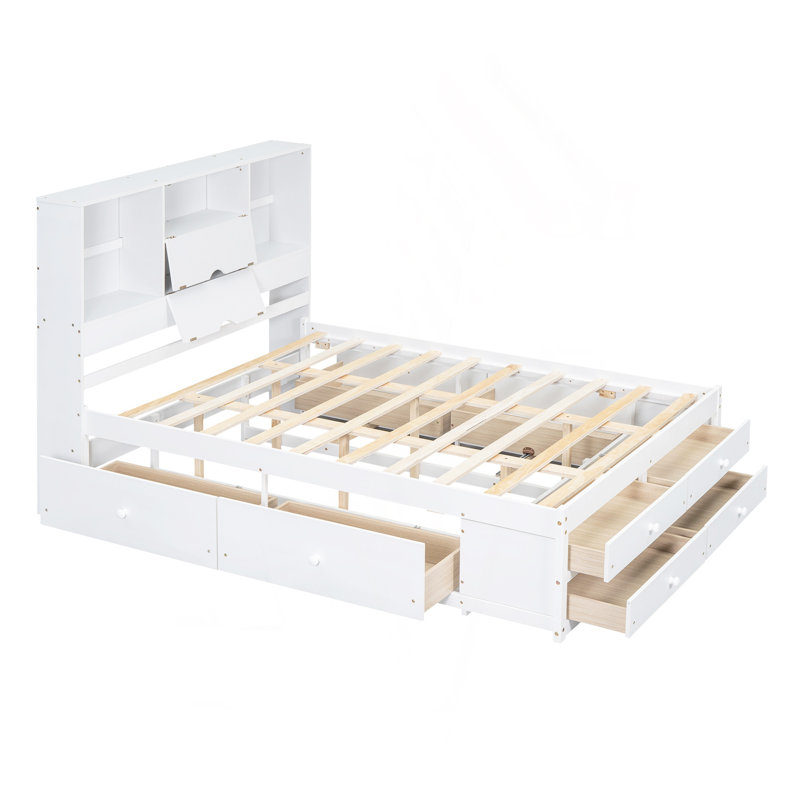 Grand lit plateforme avec tête de lit à rangement et 8 tiroirs