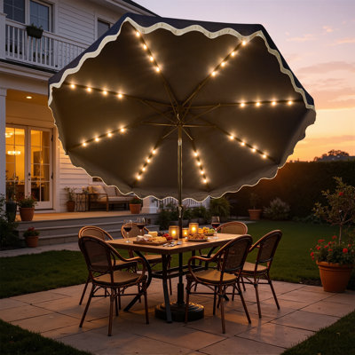 Parasol de patio 10 pi avec lumières DEL solaires, 8 parasols renforcés avec réglage de l'inclinaison à 30 °, parasol d'extérieur avec pare-soleil UPF 50+ pour terrasse, piscine, jardin, cour