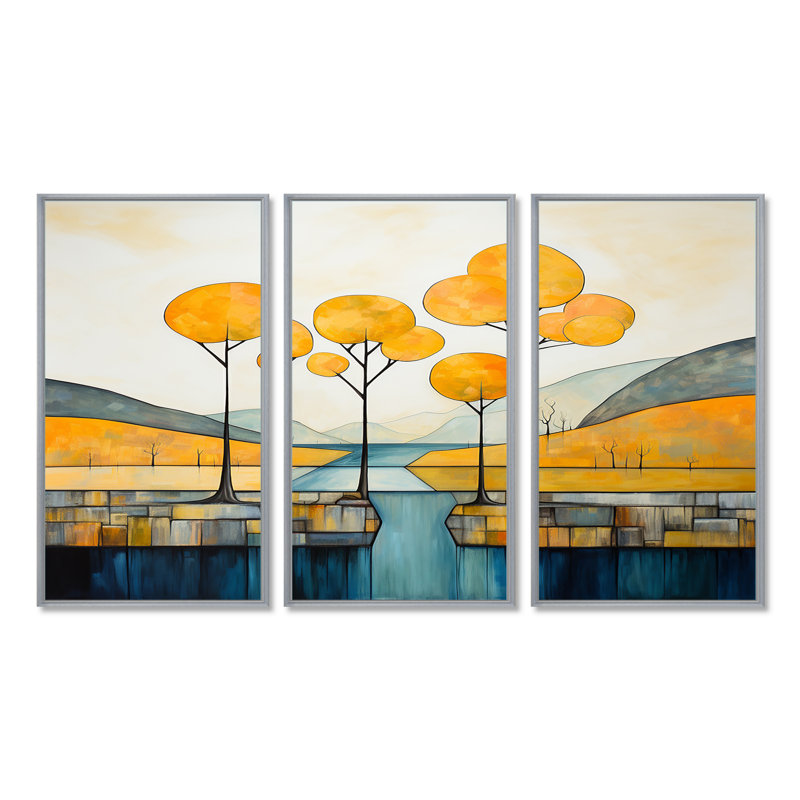Arbres jaunes au bord de la rivière Blue Mountain - ensemble d'art mural rivière, Encadrement argenté