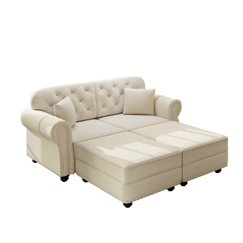 Canapé Chesterfield de 63 po en velours avec garniture cloutée et accoudoirs roulés, canapé de style Mid-Century moderne capitonné, comprenant 2 coussins