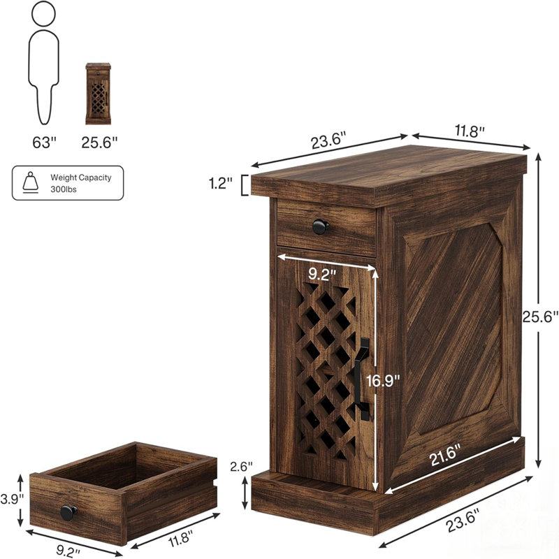 Table de bout étroite avec tiroir et armoire Rustic