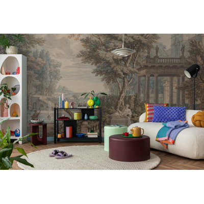 Dark Classical Garden Landscape Wall Mural | Vintage Roman Ruins Painting Wallpaper | Non-Woven or Peel and Stick