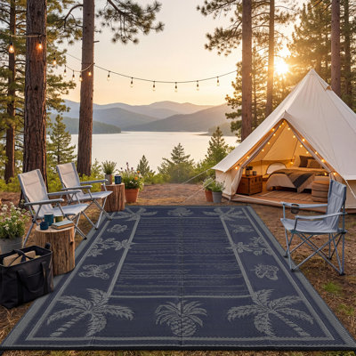 Tapis extérieur réversible 9 x 12 plantes tropicales bleu marine, grand tapis de paille en plastique pour l'extérieur pour terrasse de camping