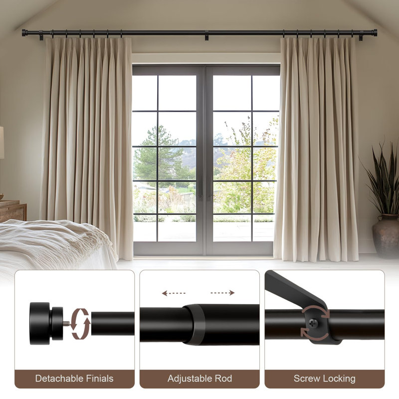 Curtain Rods for Windows 48 to 84 Inches Adjustable Heavy Duty 1" Diameter Window Curtain Rod with Decorative Finials, Noir