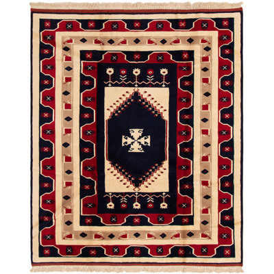 Tapis unique en laine noué à la main marine / rouge foncé 6 pi 7 po x 8 pi Shiravan des années 1980 Andriah