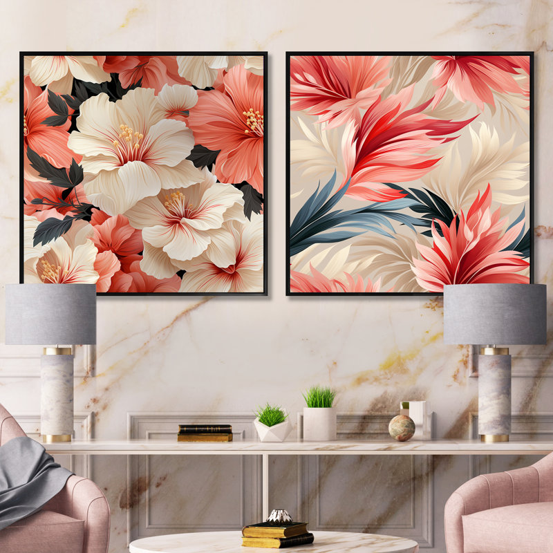 Coffeen - Ensemble de 2 collages carrés floraux, Cadre flottant noir, H 16 po x l 33 po