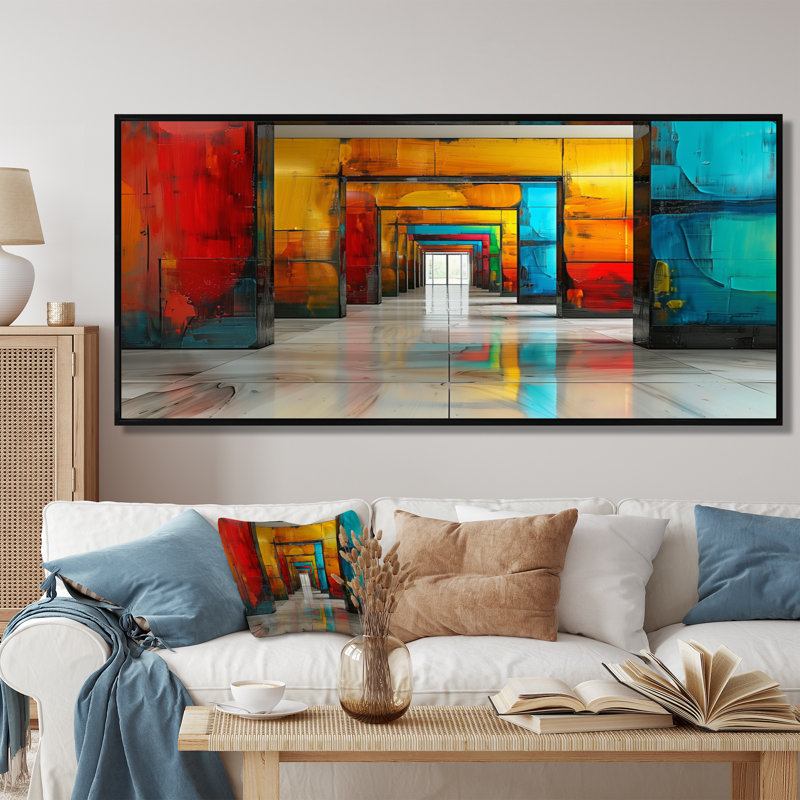 «Red Blue Colorful Glass Tunnels II - Tunnels», art mural, Cadre flottant noir, bois massif, H 28 po x l 60 po x P 1,5 po