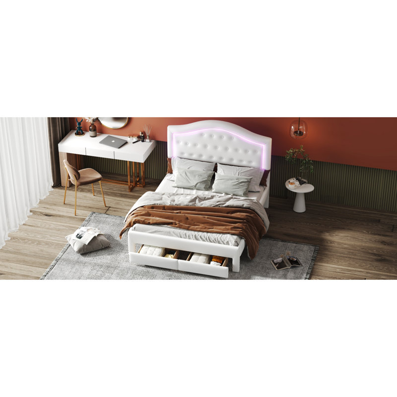Lit plateforme tapissier avec tête de lit capitonnée, DEL et 2 tiroirs, Blanc, Grand lit