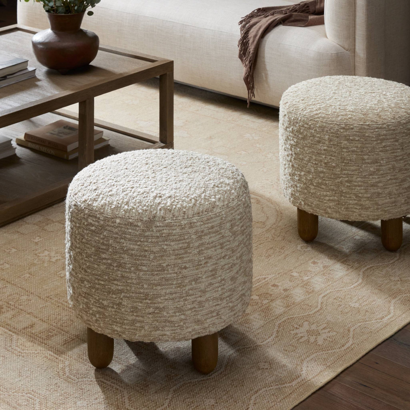 Risco 23" Ottoman, Oat Textured Bouclé, Natural Oak