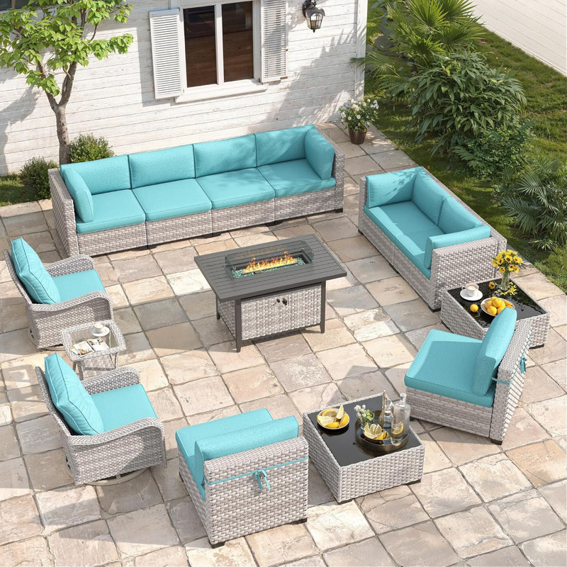 10 - Person Outdoor Wicker Patio Conversation Furniture Set with Fire Pit Table, Blue