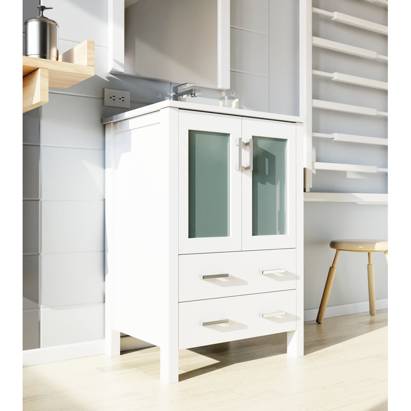Volez 24 in W x 18.25 in D Single Bath Vanity, White Ceramic Top and Chrome Faucet Set, White