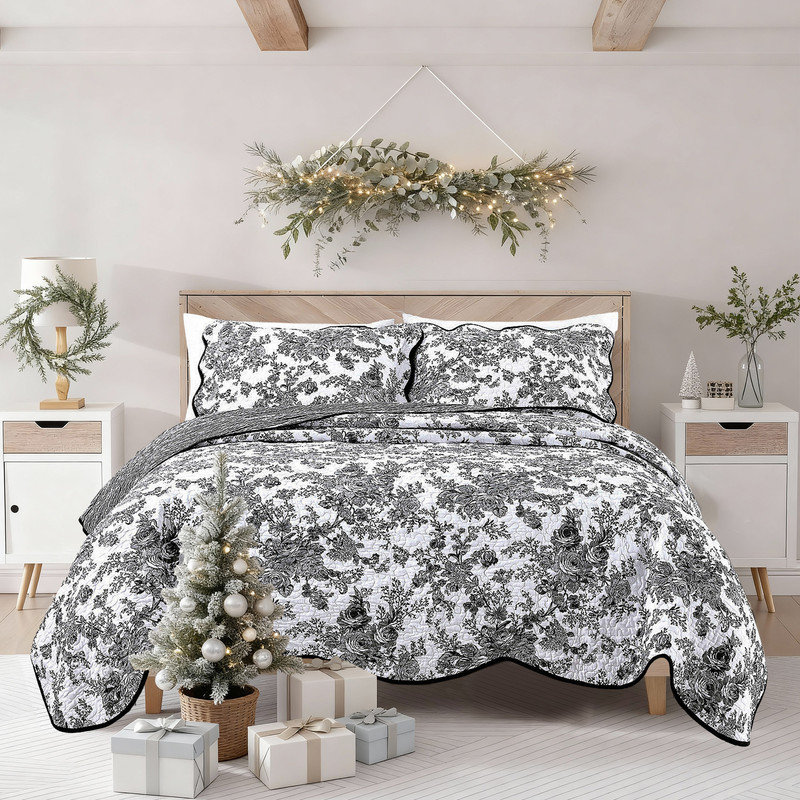 Ensemble de literie 100% coton avec taies décoratives, jupe de lit et coussin Wonderful, King Quilt + 2 Pillowcases